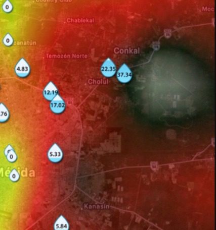 En la Península de Yucatán, de 15h a 18h, se pronostican chubascos y lluvias puntuales fuertes con descargas eléctricas y rachas de viento de 30 a 50 km/h / Estaciones meteorológicas registran lluvias fuertes en la zona de Conkal y Cholul