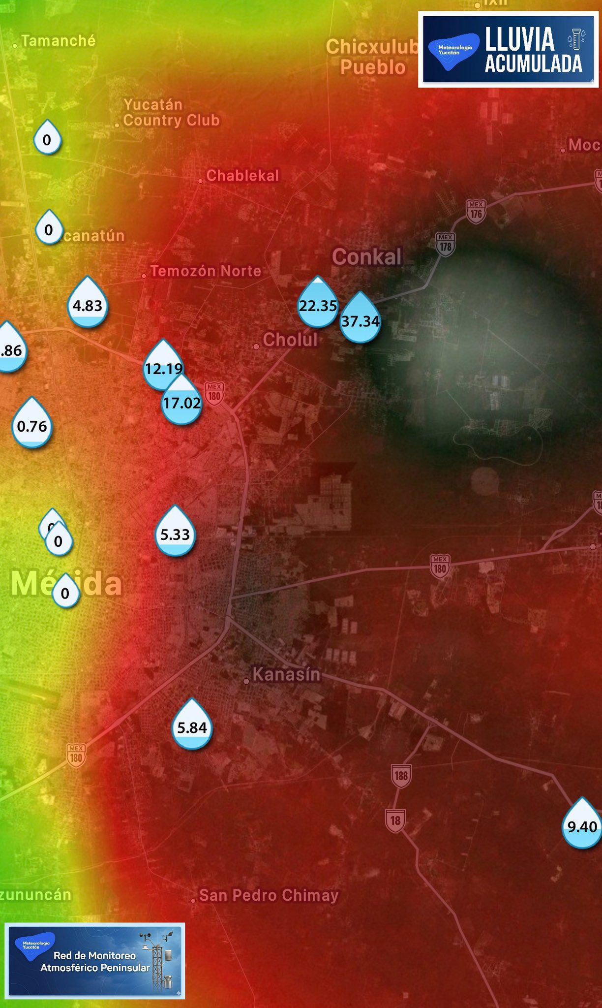 En la Península de Yucatán, de 15h a 18h, se pronostican chubascos y lluvias puntuales fuertes con descargas eléctricas y rachas de viento de 30 a 50 km/h / Estaciones meteorológicas registran lluvias fuertes en la zona de Conkal y Cholul