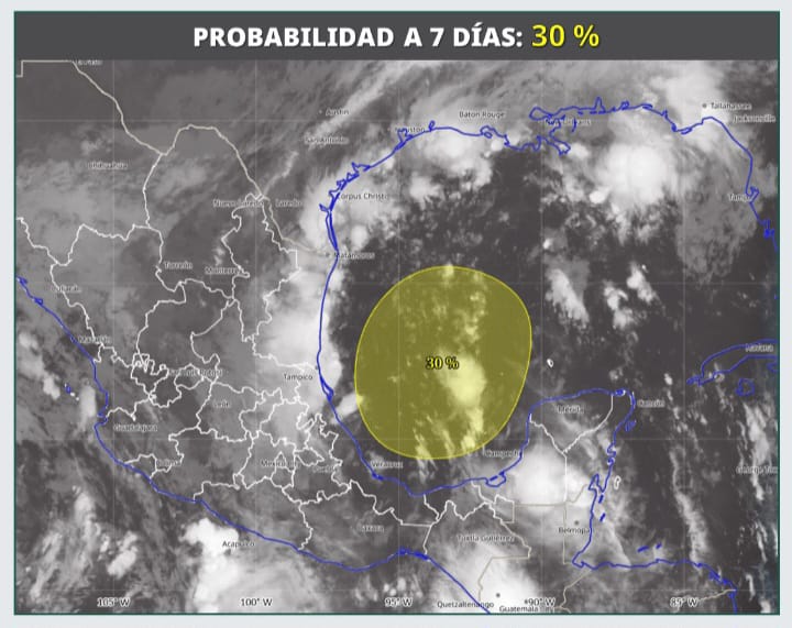 La zona de inestabilidad que prevalece en el Golfo de México aumento a 30 por ciento su potencial ciclónico, y tiende a alejarse de la Península de Yucatán
