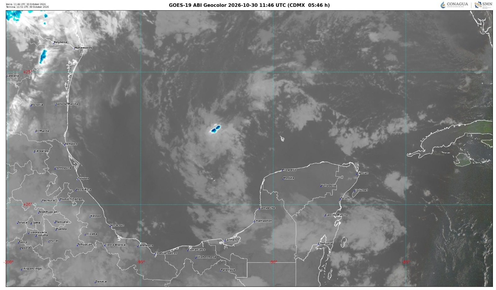 Un sistema de baja presión sobre el mar Caribe occidental mantiene el desarrollo de nubosidad dispersa sobre la península de Yucatán